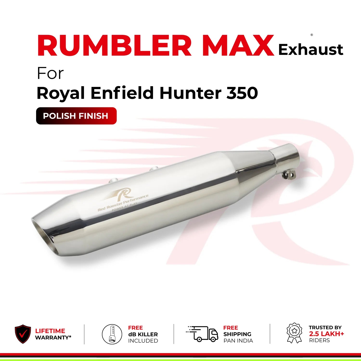 Red Rooster Performance Rumbler Max Exhaust for Royal Enfield Hunter 350 – Polish, Matte and Black