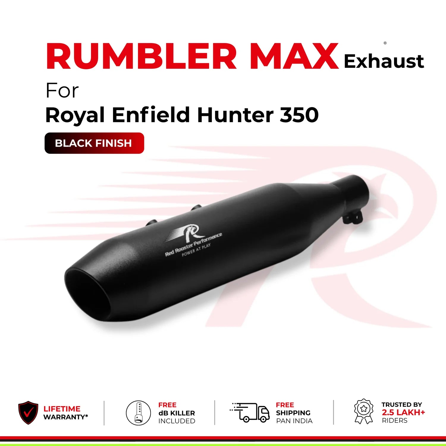 Red Rooster Performance Rumbler Max Exhaust for Royal Enfield Hunter 350 – Polish, Matte and Black