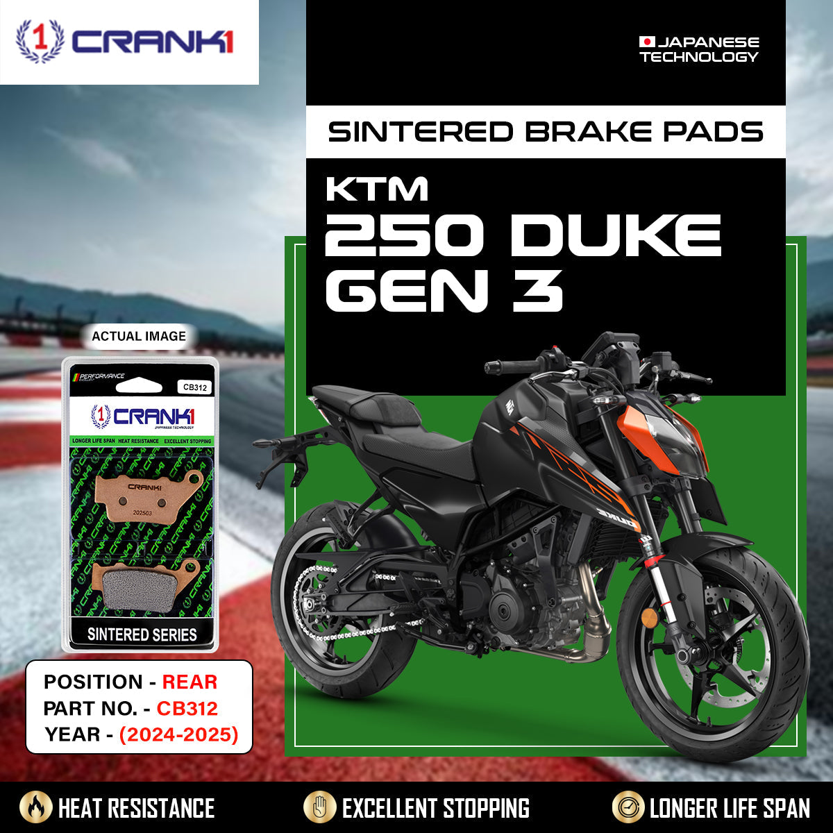 Sintered Brake Pads For KTM 250 Duke GEN3	(2024-2025) - Rear - CB312 - 1 Set - CRANK1