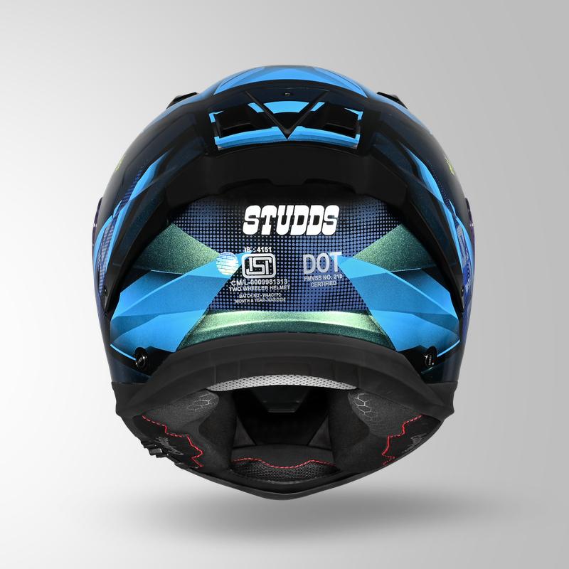 Studds Helios Effect Full Face Helmet- BLACK & CHAMELEON BLUE | ISI & DOT Certified Dual Visor Motorcycle Helmet