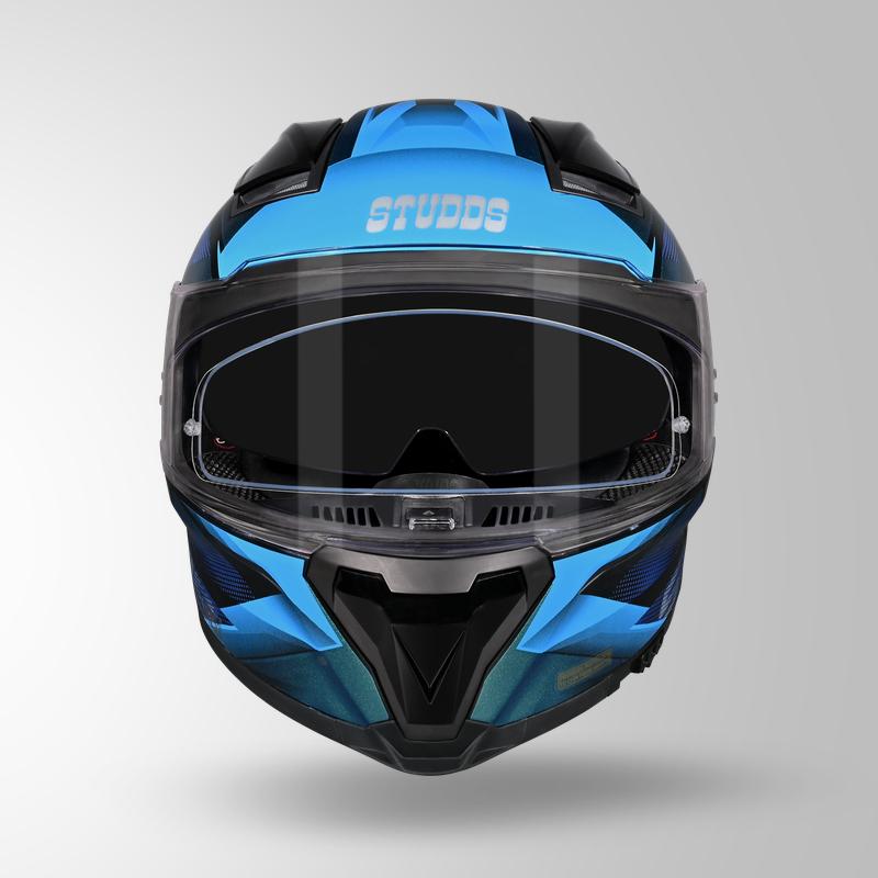 Studds Helios Effect Full Face Helmet- BLACK & CHAMELEON BLUE | ISI & DOT Certified Dual Visor Motorcycle Helmet