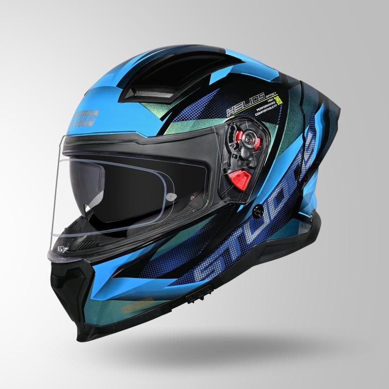 Studds Helios Effect Full Face Helmet- BLACK & CHAMELEON BLUE | ISI & DOT Certified Dual Visor Motorcycle Helmet