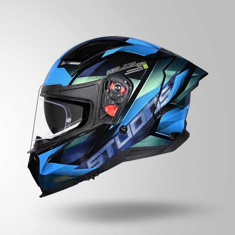 Studds Helios Effect Full Face Helmet- BLACK & CHAMELEON BLUE | ISI & DOT Certified Dual Visor Motorcycle Helmet