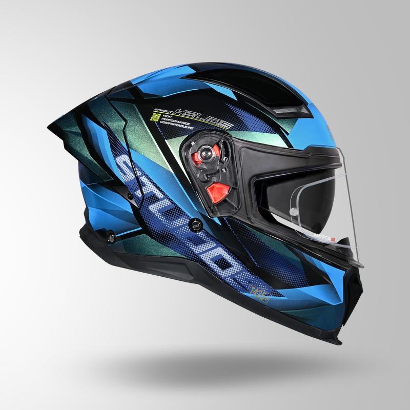 Studds Helios Effect Full Face Helmet- BLACK & CHAMELEON BLUE | ISI & DOT Certified Dual Visor Motorcycle Helmet