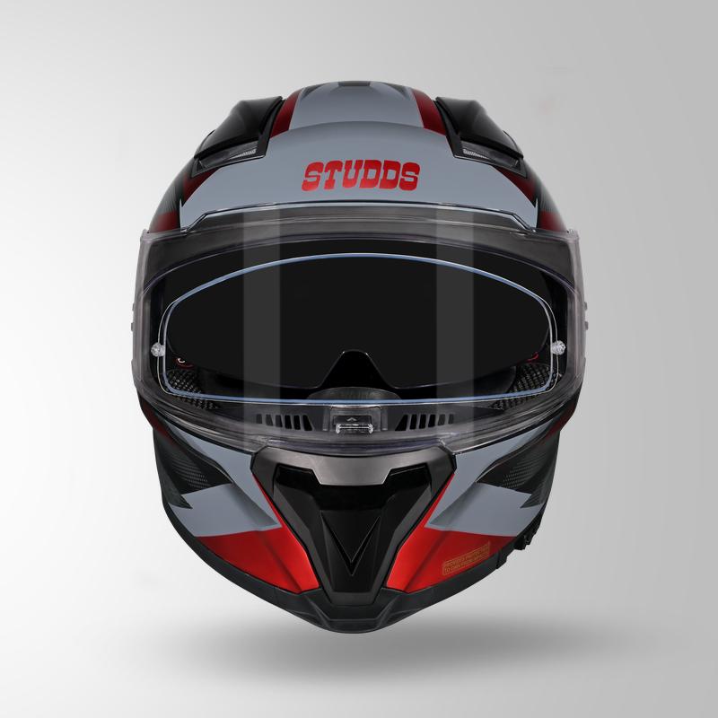 Studds Helios Effect Full Face Helmet- BLACK & RED WITH METALLIC FOIL | ISI & DOT Certified Dual Visor Motorcycle Helmet