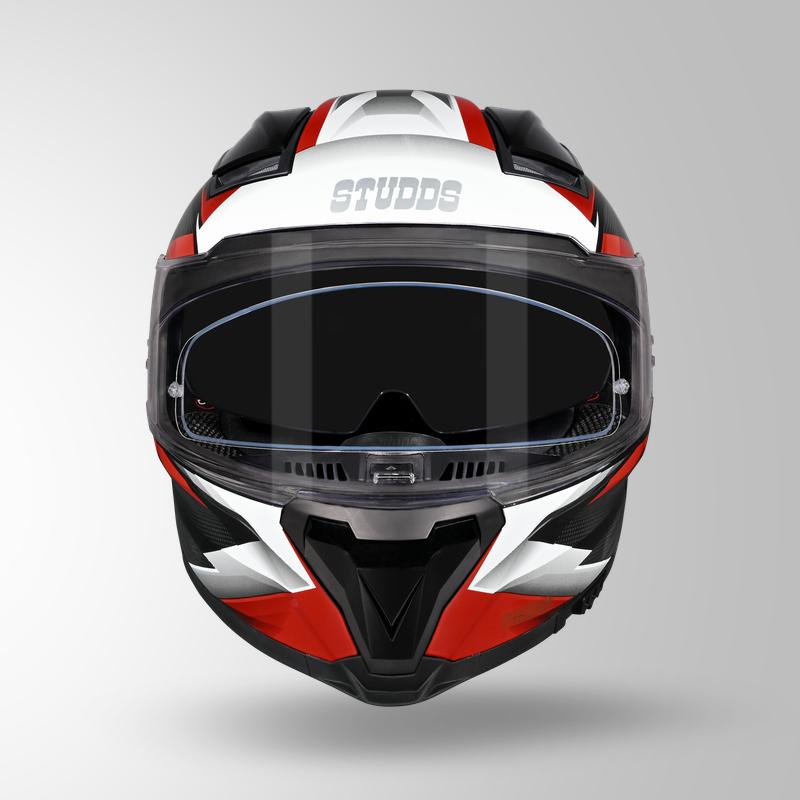 Studds Helios Effect Full Face Helmet- BLACK / WHITE & RED | ISI & DOT Certified Dual Visor Motorcycle Helmet