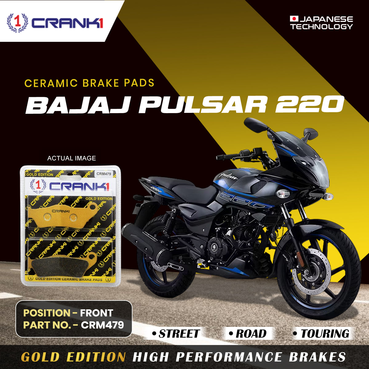 Ceramic Brake Pads For Bajaj Pulsar 220 - Front - CRM479 - 1 Set - CRANK1