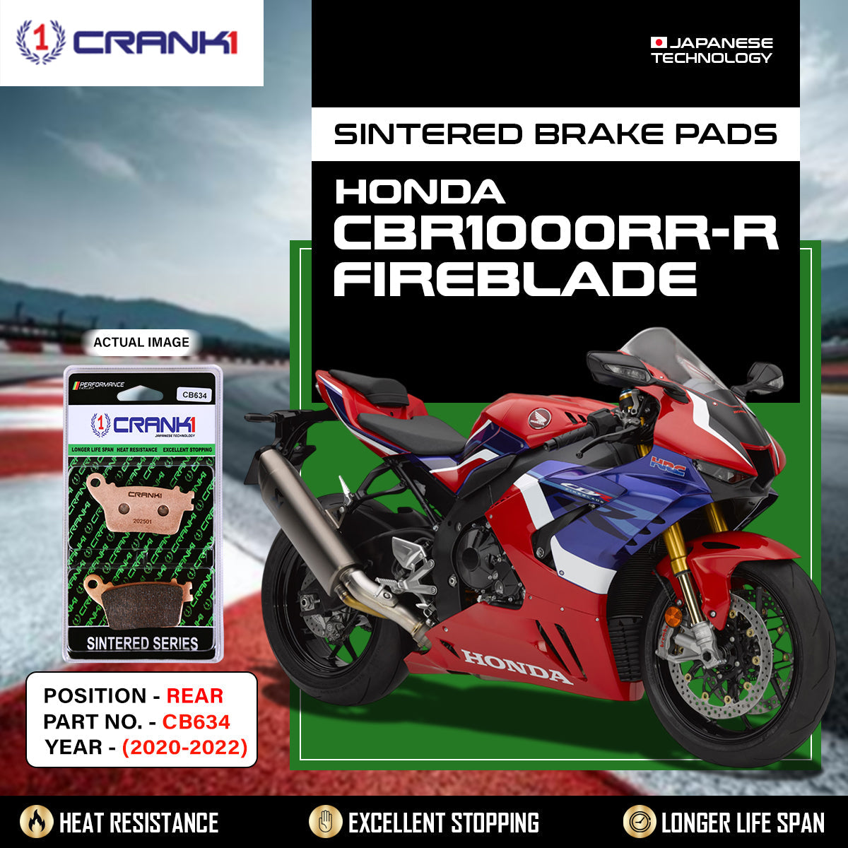 Sintered Brake Pads For Honda CBR1000RR-R Fireblade (2020-2022) - Rear - CB634 - 1 Set - CRANK1