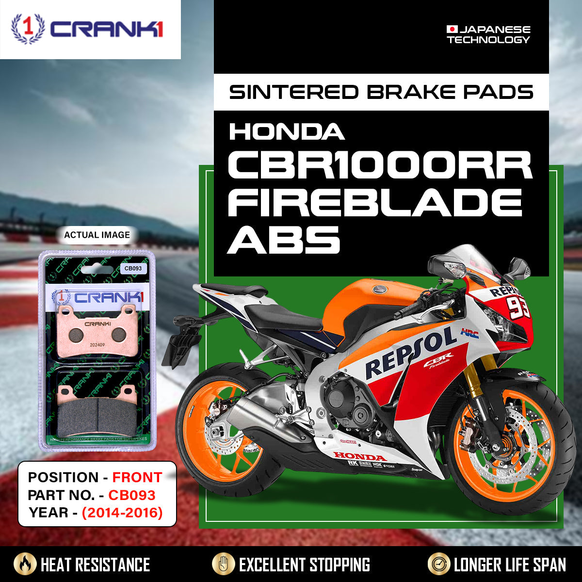 Sintered Brake Pads For Honda CBR1000RR Abs Fireblade (2014-2016) - Front - CB093 - 2 Sets Required - CRANK1