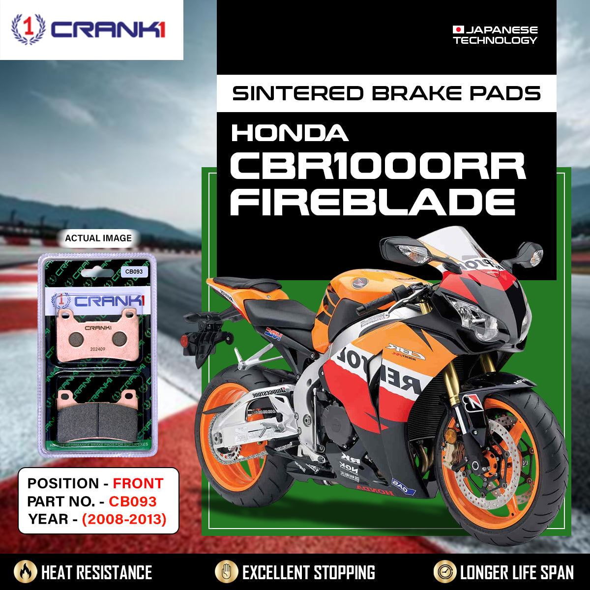 Sintered Brake Pads For Honda CBR1000RR Fireblade (2008-2013) - Front - CB093 - 2 Sets Required - CRANK1