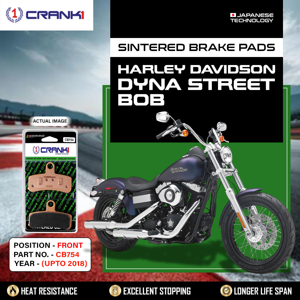 Sintered  Brake Pads For Harley Davidson Dyna Street Bob (Upto 2018) - Front - CB754 - 1 Set - CRANK1
