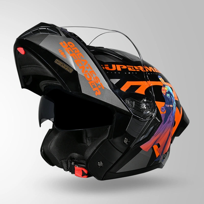 Studds Trooper Superman Edition Flip-Up Helmet - MATT BLACK & ORANGE | ISI & DOT Certified Modular Motorcycle Helmet
