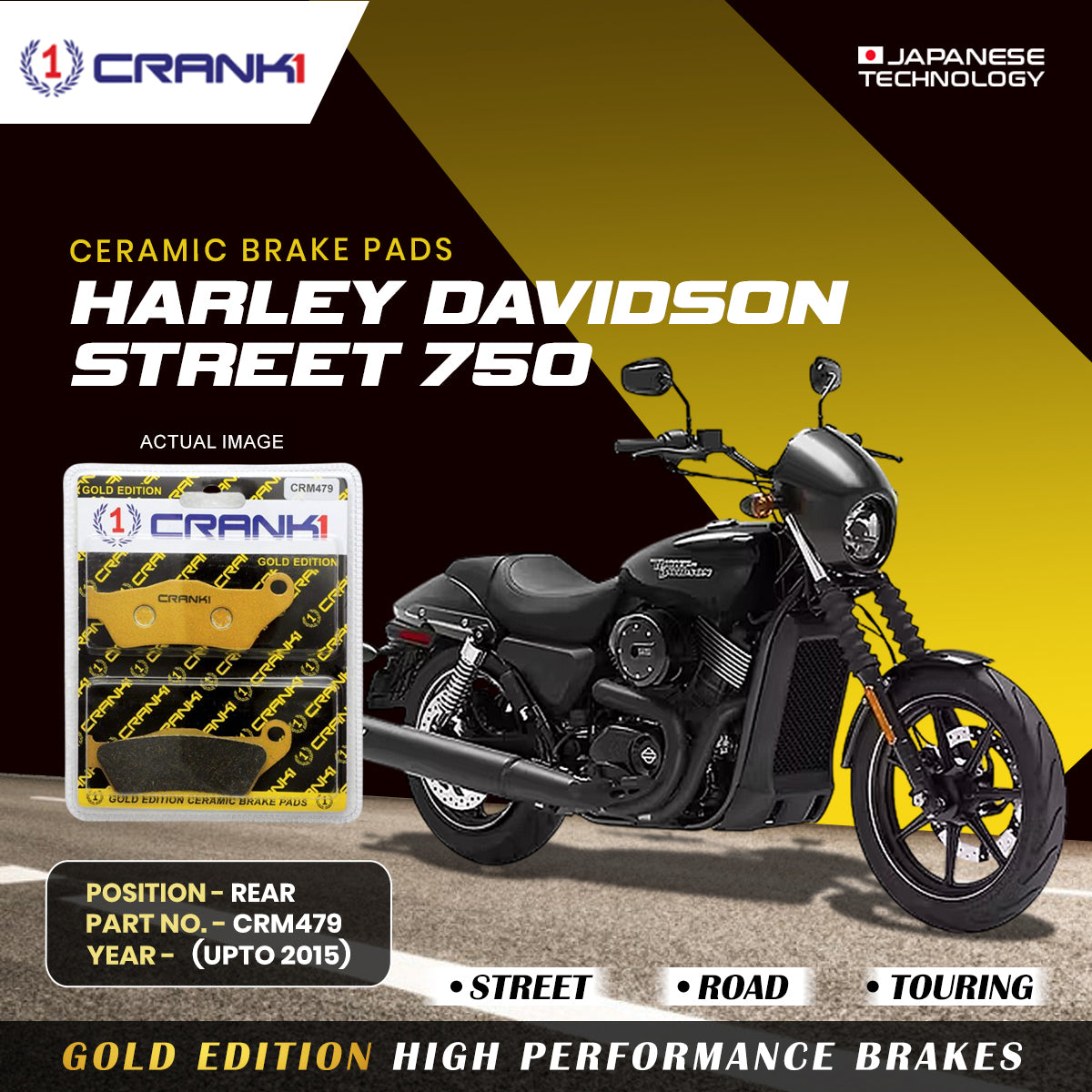 Ceramic Brake Pads For Harley Davidson Street 750 (Upto 2015) - Rear - CRM479 - 1 Set - CRANK1