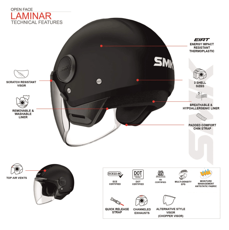 SMK Laminar Starz Open Face Helmet – ECE 22.06, DOT & ISI Certified GRPS (MA276)