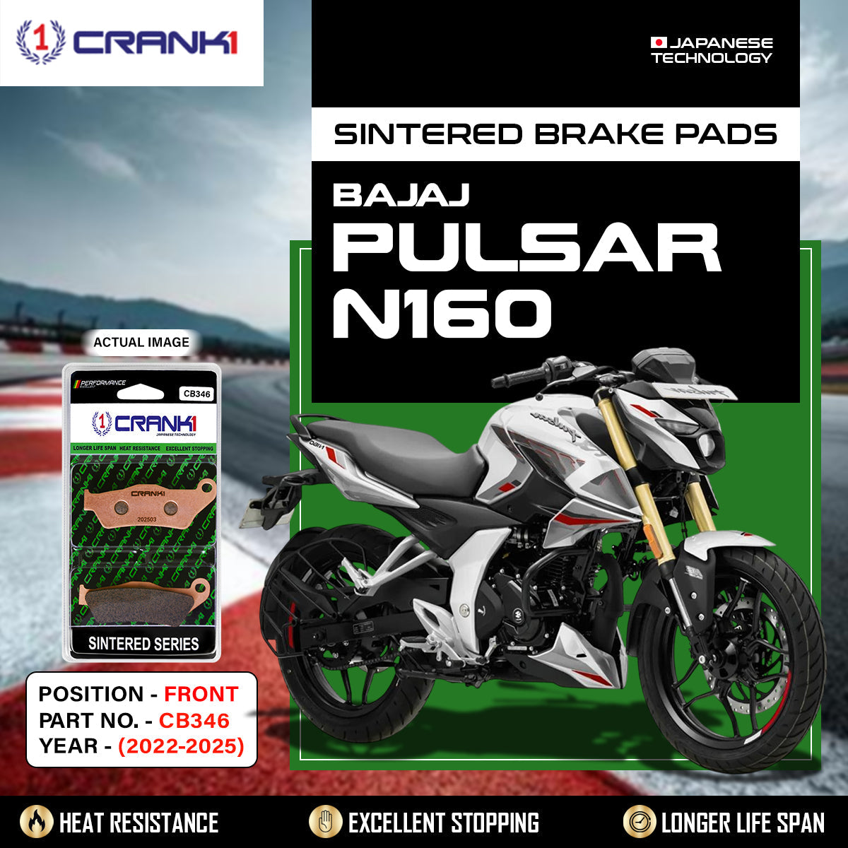 Sintered Brake Pads For Bajaj Pulsar N160 (2022-2025) - Front - CB346 - 1 Set - CRANK1