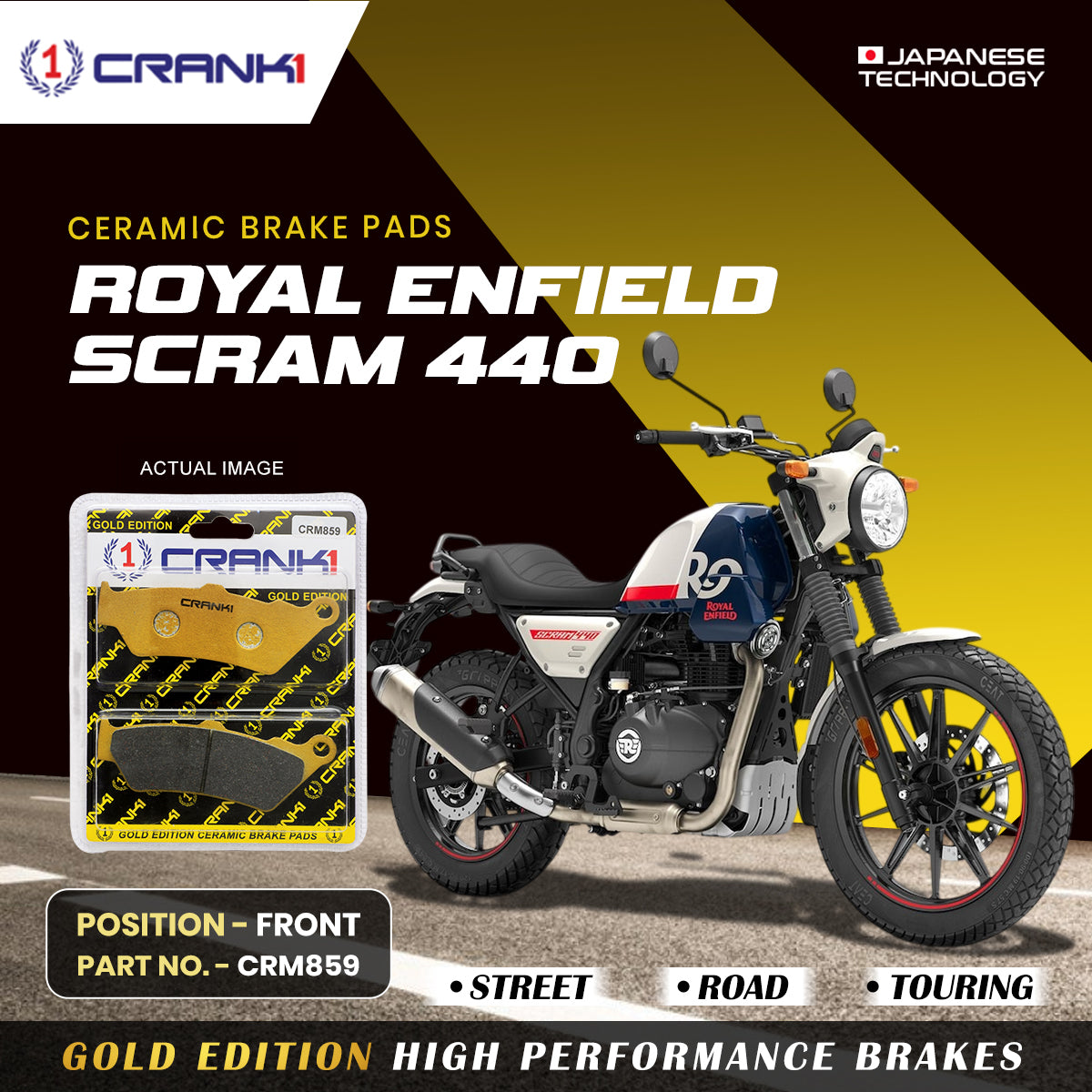Ceramic Brake Pads For Royal Enfield Scram 440 - Front - CRM859 - 1 Set - CRANK1