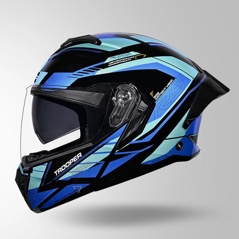 STUDDS Trooper D4 Race Decor Blue Flip-Up Full Face Helmet | ISI & DOT Certified Modular Helmet