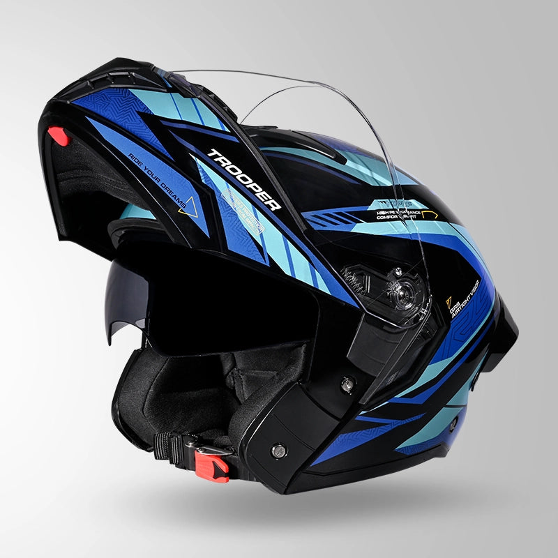 STUDDS Trooper D4 Race Decor Blue Flip-Up Full Face Helmet | ISI & DOT Certified Modular Helmet