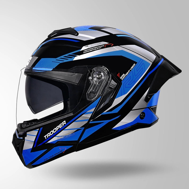 STUDDS Trooper D4 Race Decor Blue Flip-Up Full Face Helmet | ISI & DOT Certified Modular Helmet