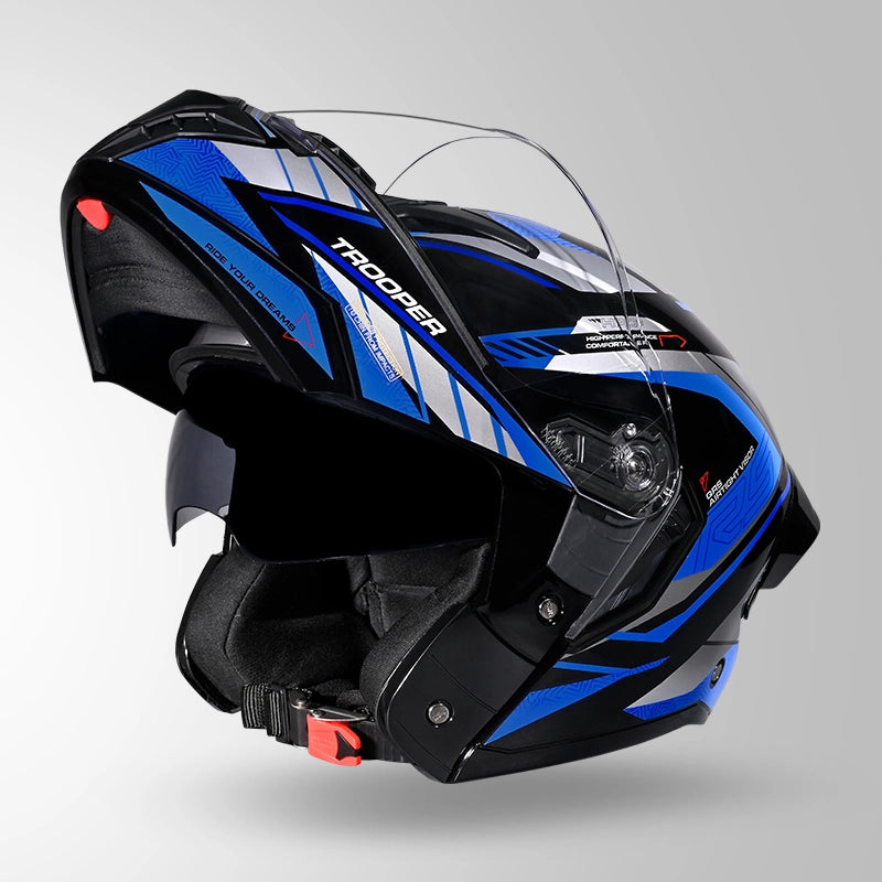 STUDDS Trooper D4 Race Decor Blue Flip-Up Full Face Helmet | ISI & DOT Certified Modular Helmet
