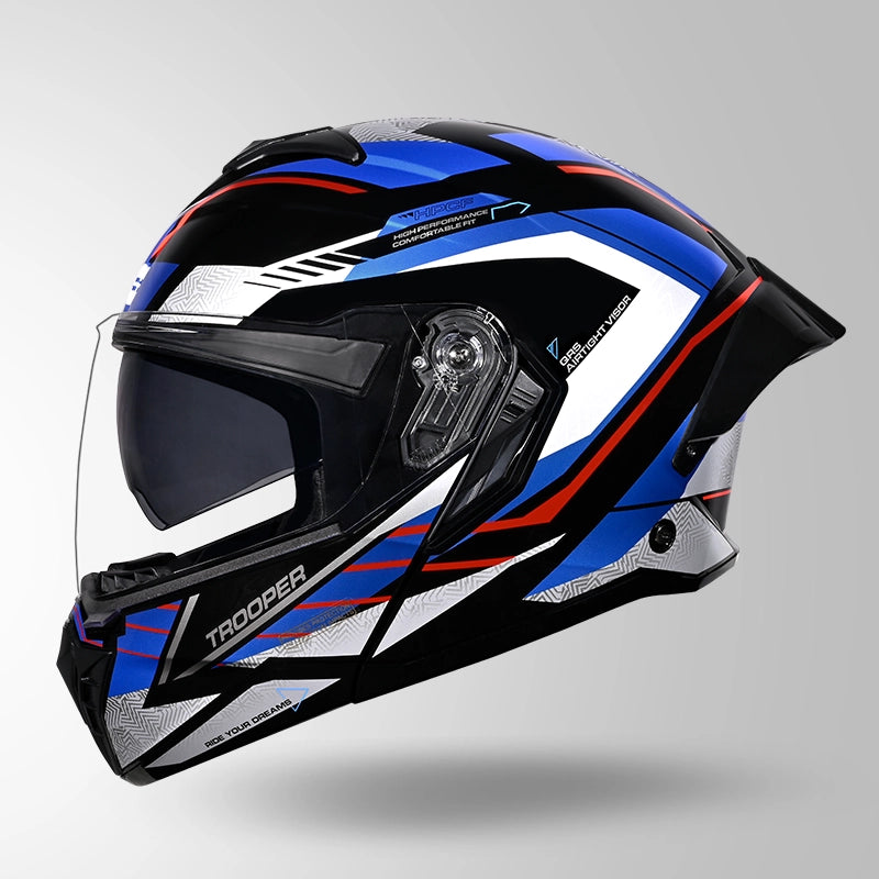 STUDDS Trooper D4 Race Decor Blue Flip-Up Full Face Helmet | ISI & DOT Certified Modular Helmet