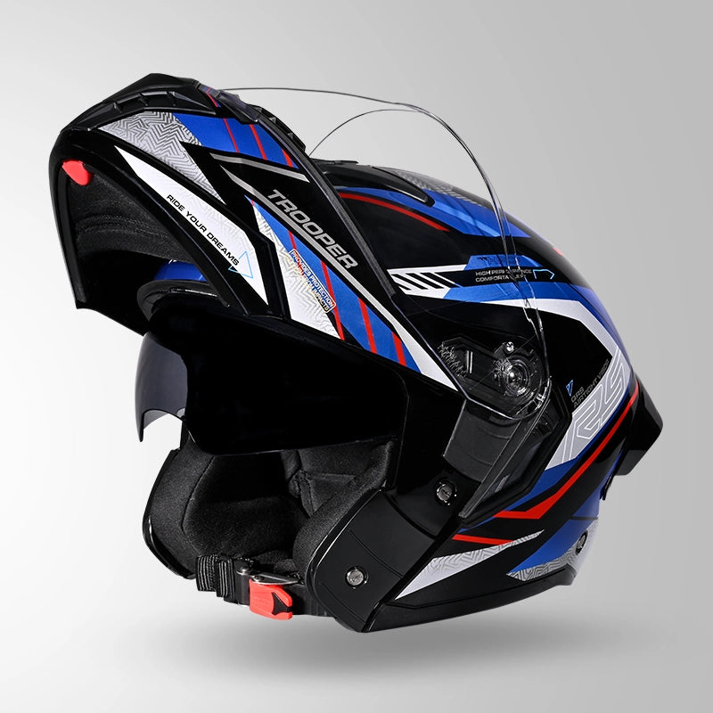 STUDDS Trooper D4 Race Decor Blue Flip-Up Full Face Helmet | ISI & DOT Certified Modular Helmet