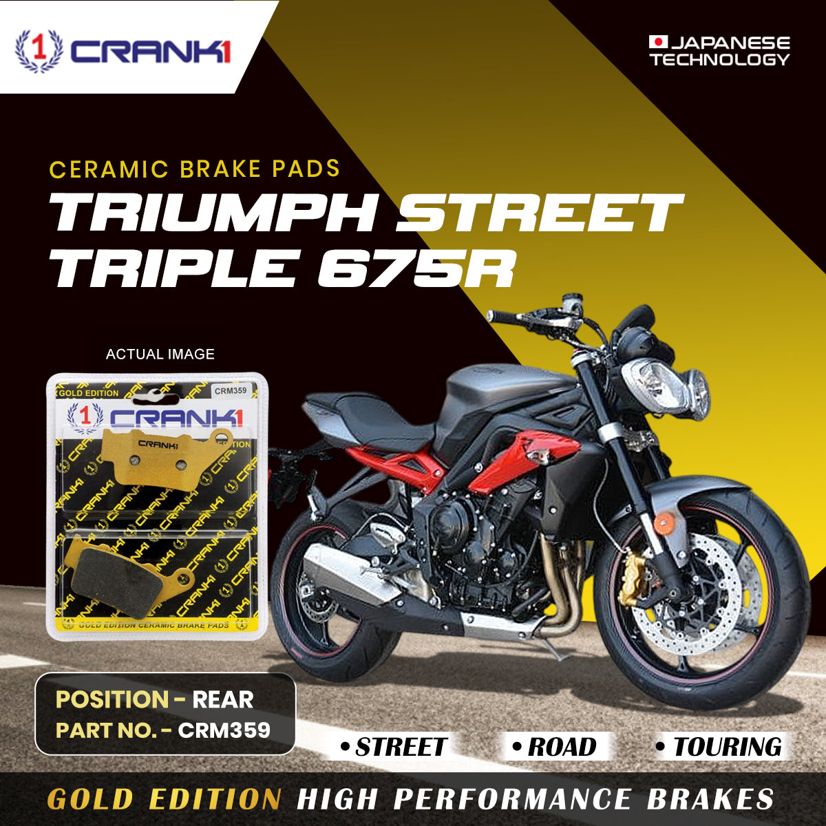 Ceramic Brake Pads For Triumph Street Triple 675 R - Rear - CRM359 - 1 Set - CRANK1