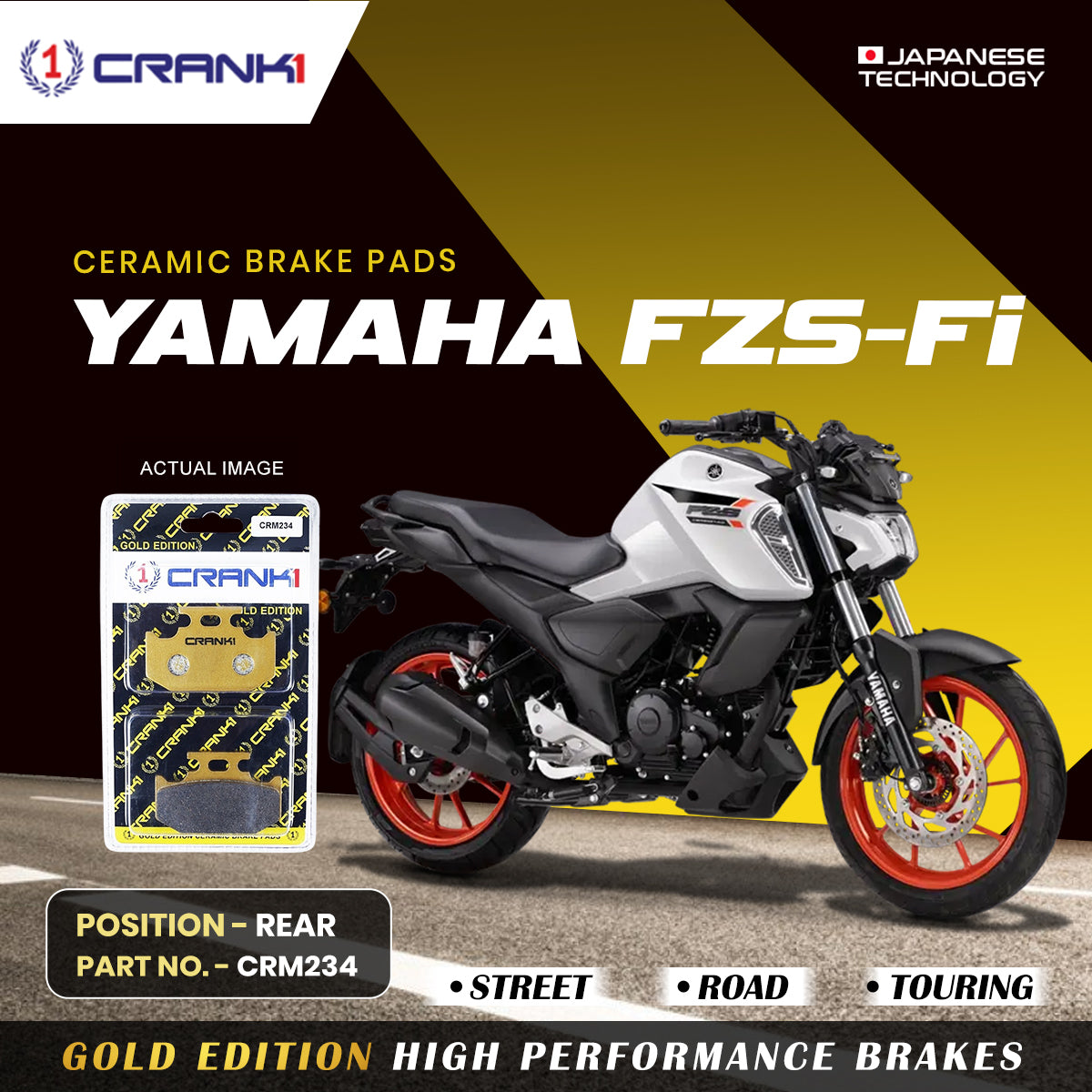 Ceramic Brake Pads For Yamaha FZS-Fi - Rear - CRM234 - 1 Set - CRANK1