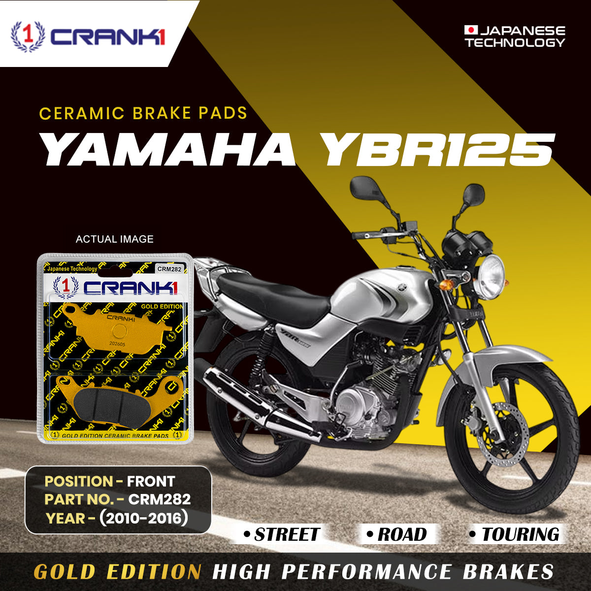 Ceramic Brake Pads For Yamaha YBR125 (2010-2016) - Front - CRM282 - 1 Set - CRANK1